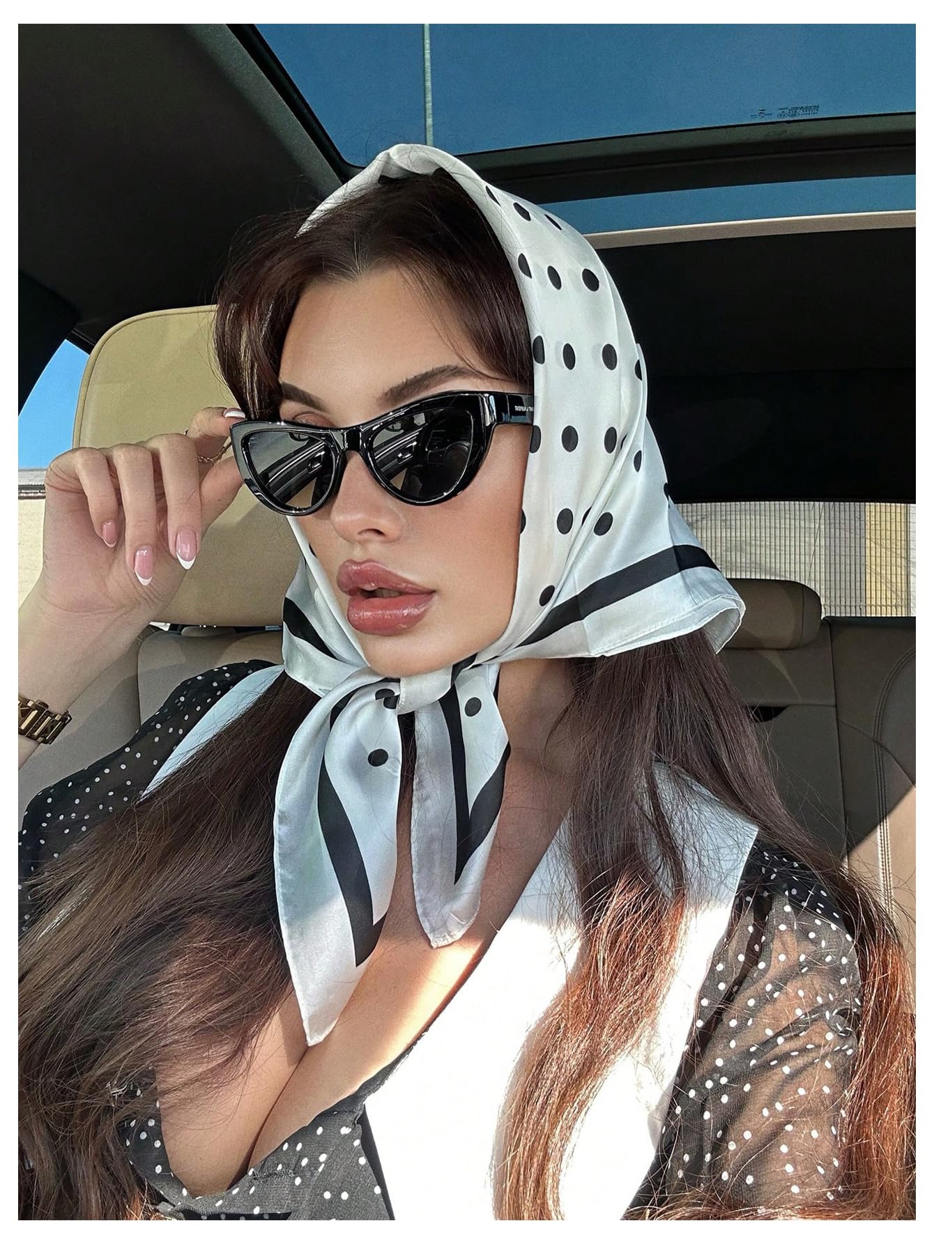 Black and white polka dot square scarf