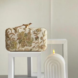 Gold embroidered bird-shaped buckle evening clutch