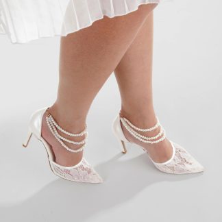 White lace pearl pointed-toe stiletto sandals