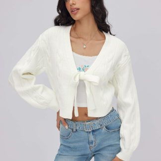 Ivory-colored tie-front knit cardigan