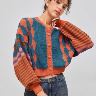 Teal and terracotta patterned cardigan