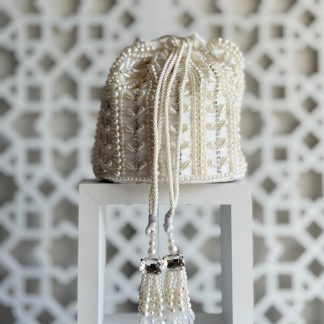 Pearl-embellished drawstring handbag