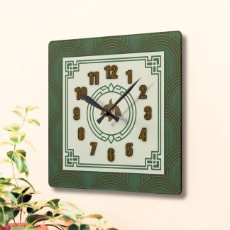 Retro Green and Gold Wave Art Deco Square Clock
