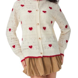 Cream-colored heart-shaped openwork knit cardigan