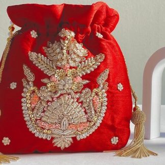 Red embroidered festive tote bag