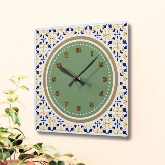 Retro Mediterranean style square floral tile decorative clock