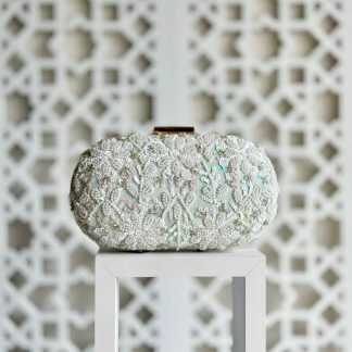 Ivory pearlescent sequined floral clutch