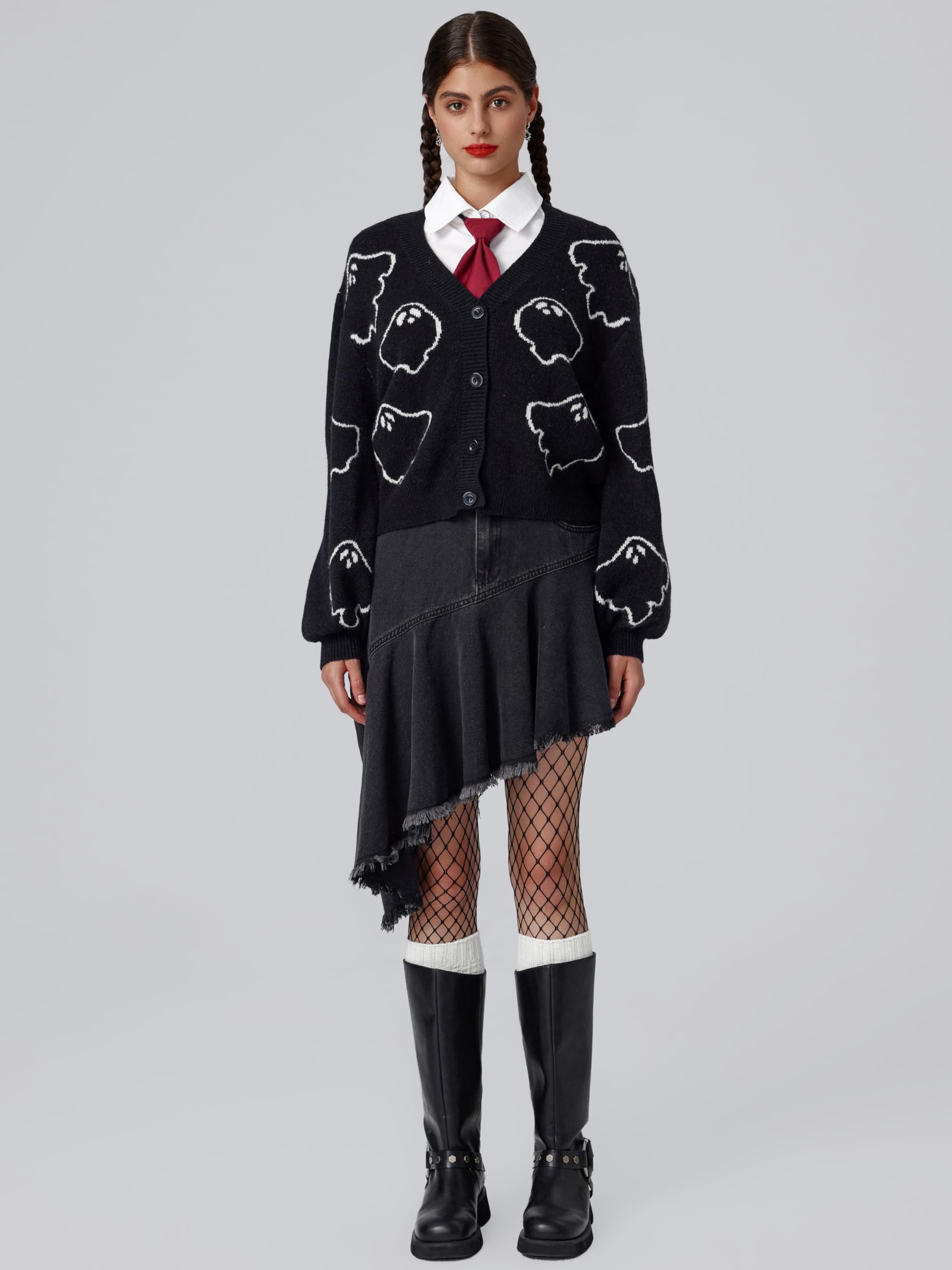 Black V-neck ghost jacquard cardigan - Image 5