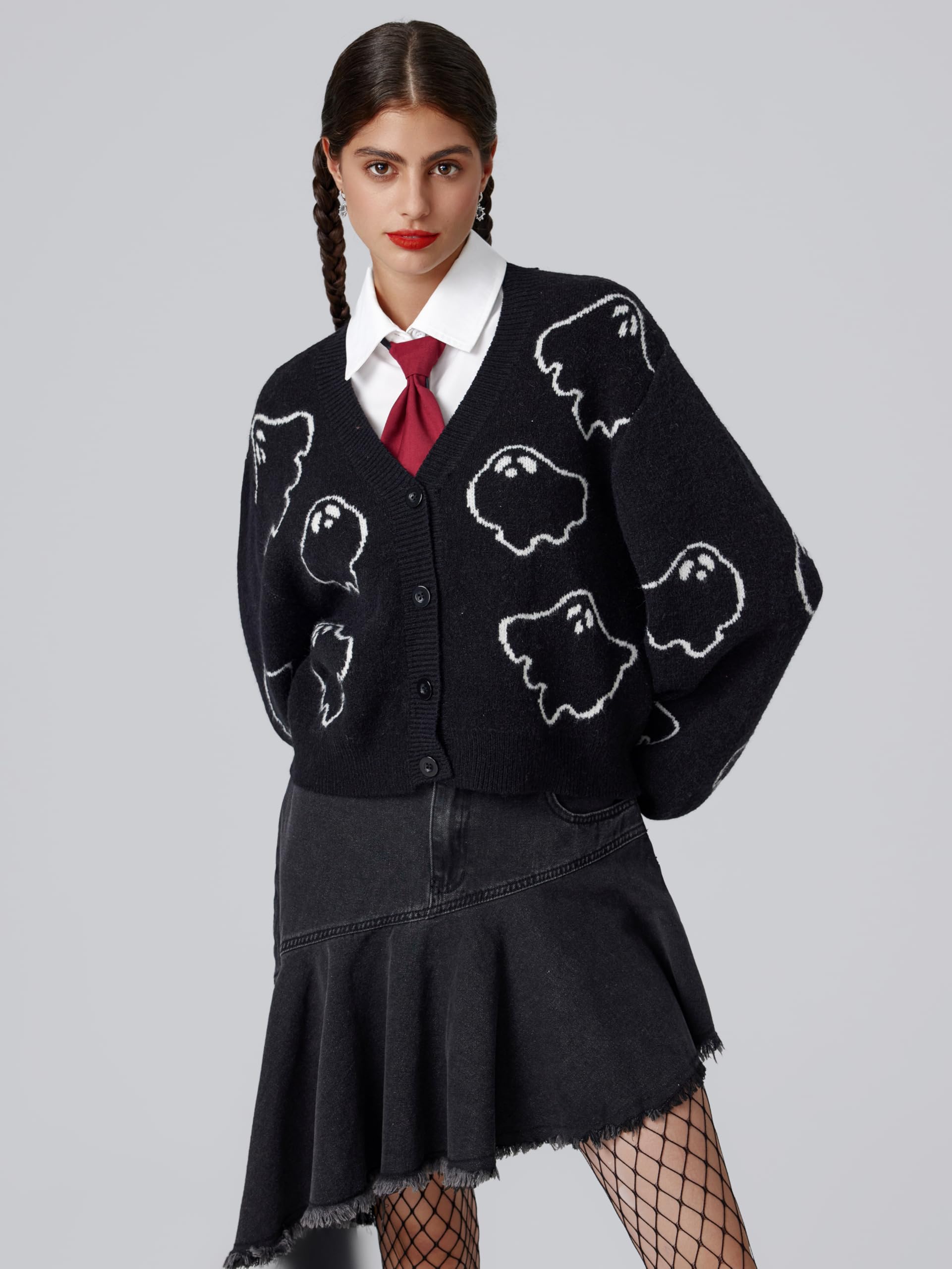 Black V-neck ghost jacquard cardigan - Image 4