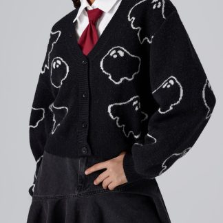 Black V-neck ghost jacquard cardigan