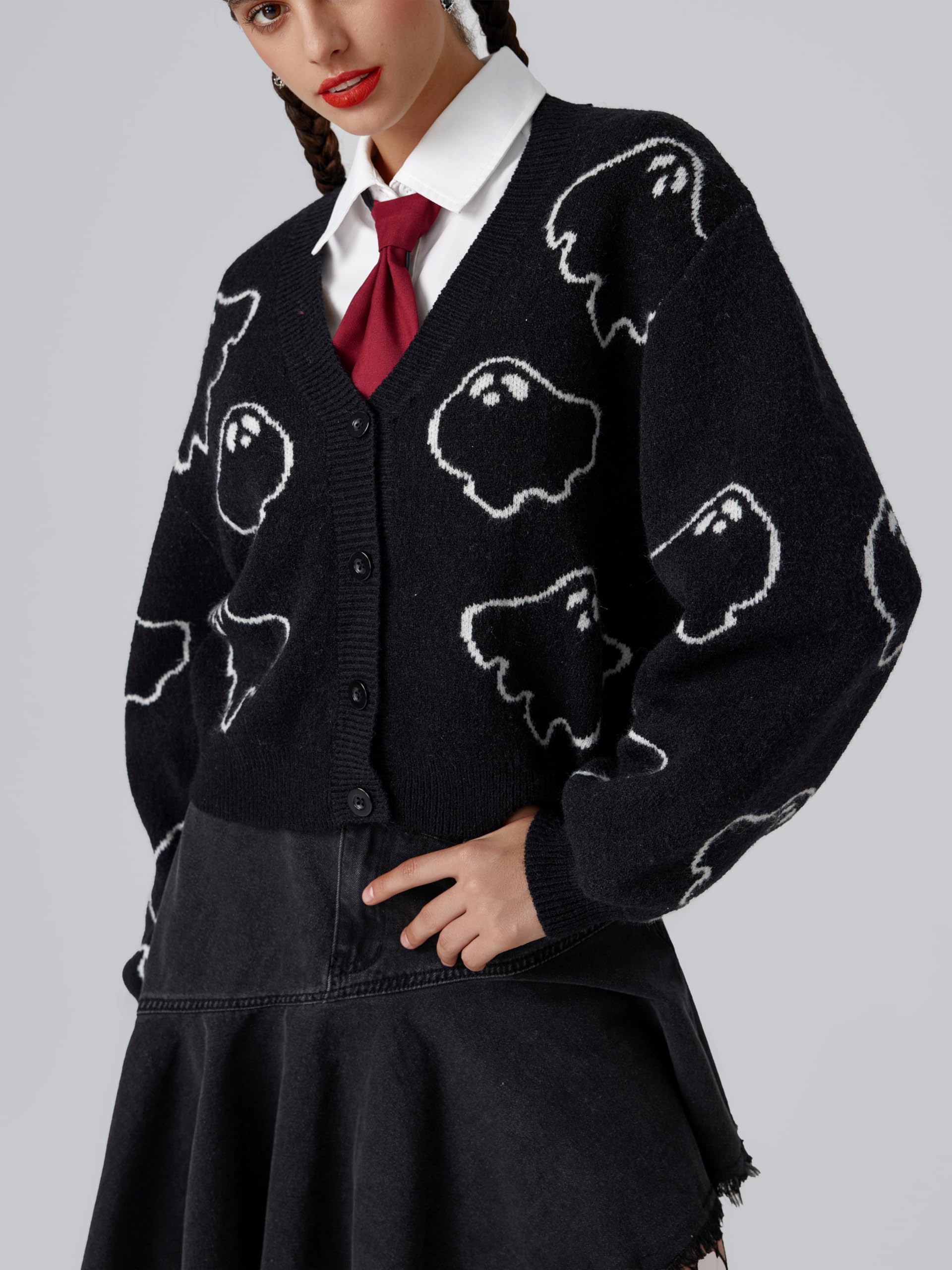 Black V-neck ghost jacquard cardigan