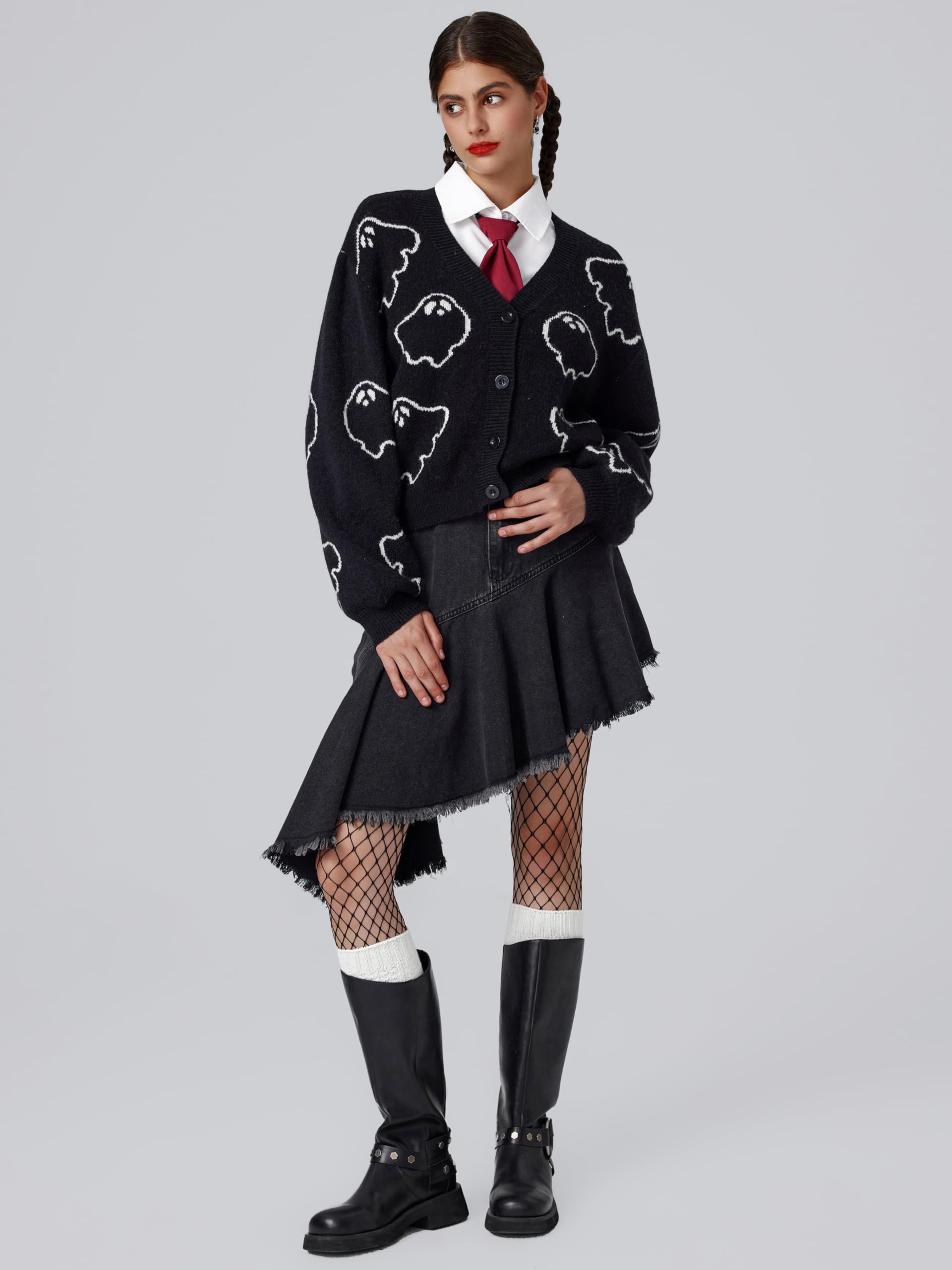 Black V-neck ghost jacquard cardigan - Image 2