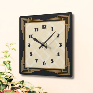 Retro black and gold diamond patterned square clock