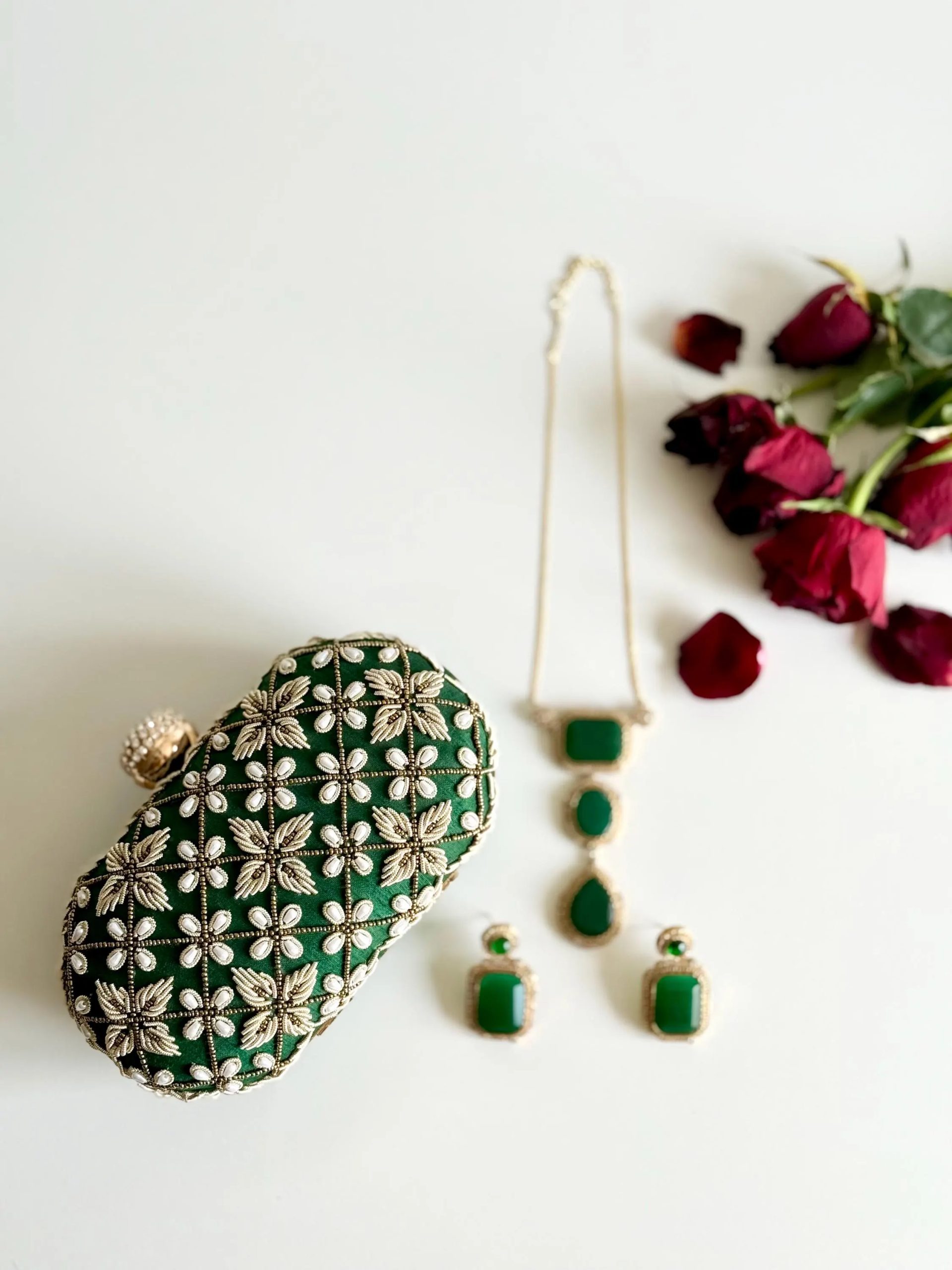Embroidered Green Floral Pearl Clutch - Image 7