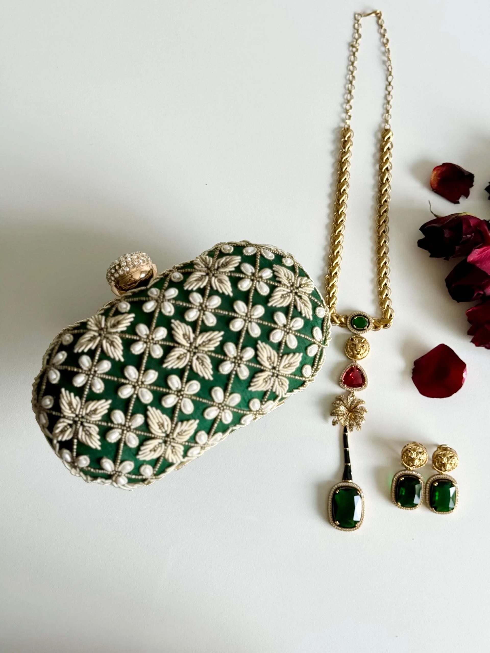 Embroidered Green Floral Pearl Clutch - Image 5