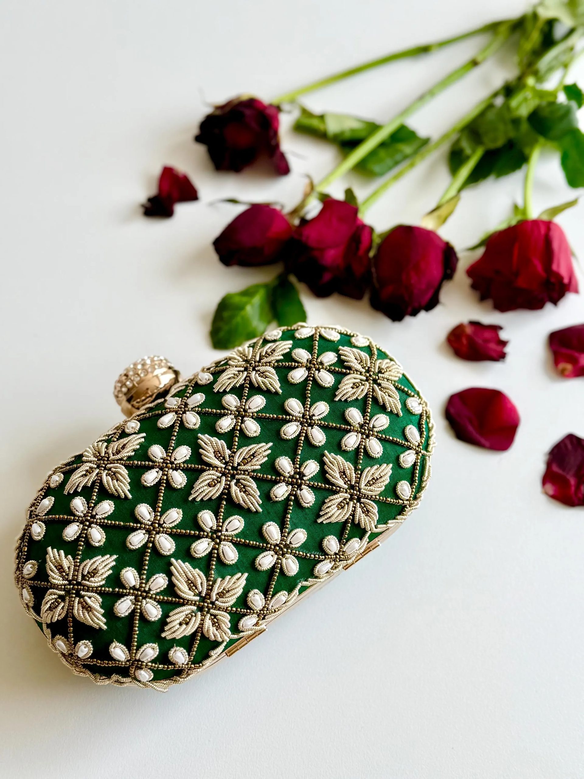 Embroidered Green Floral Pearl Clutch - Image 4