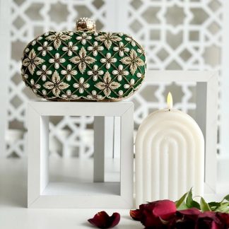 Embroidered Green Floral Pearl Clutch