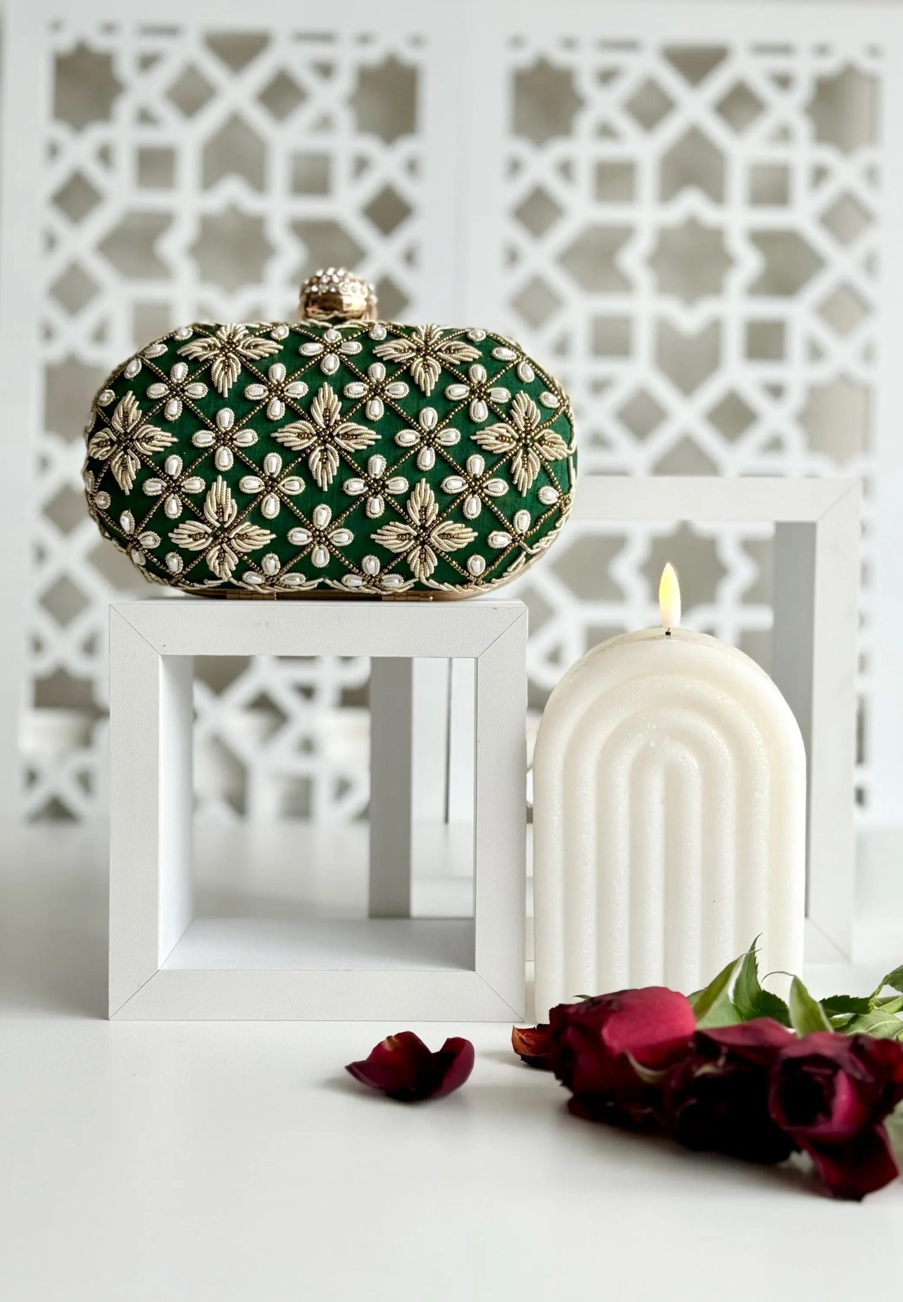 Embroidered Green Floral Pearl Clutch