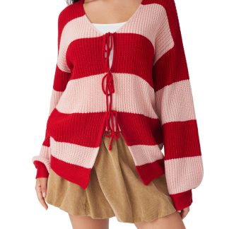 Pink and pink striped belted cardigan