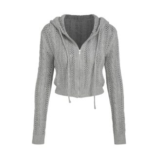 Gray openwork knit zip-up hoodie