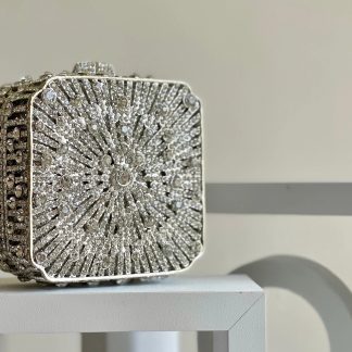Diamond-encrusted silver box-shaped clutch