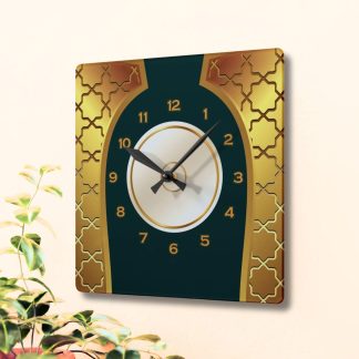 Retro dark green and gold patterned square clock