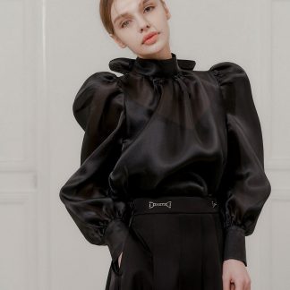 Black turtleneck puff sleeve satin shirt