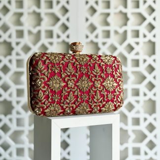 Red embroidered evening clutch
