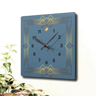 Gray-blue and gold geometric decorative square clock