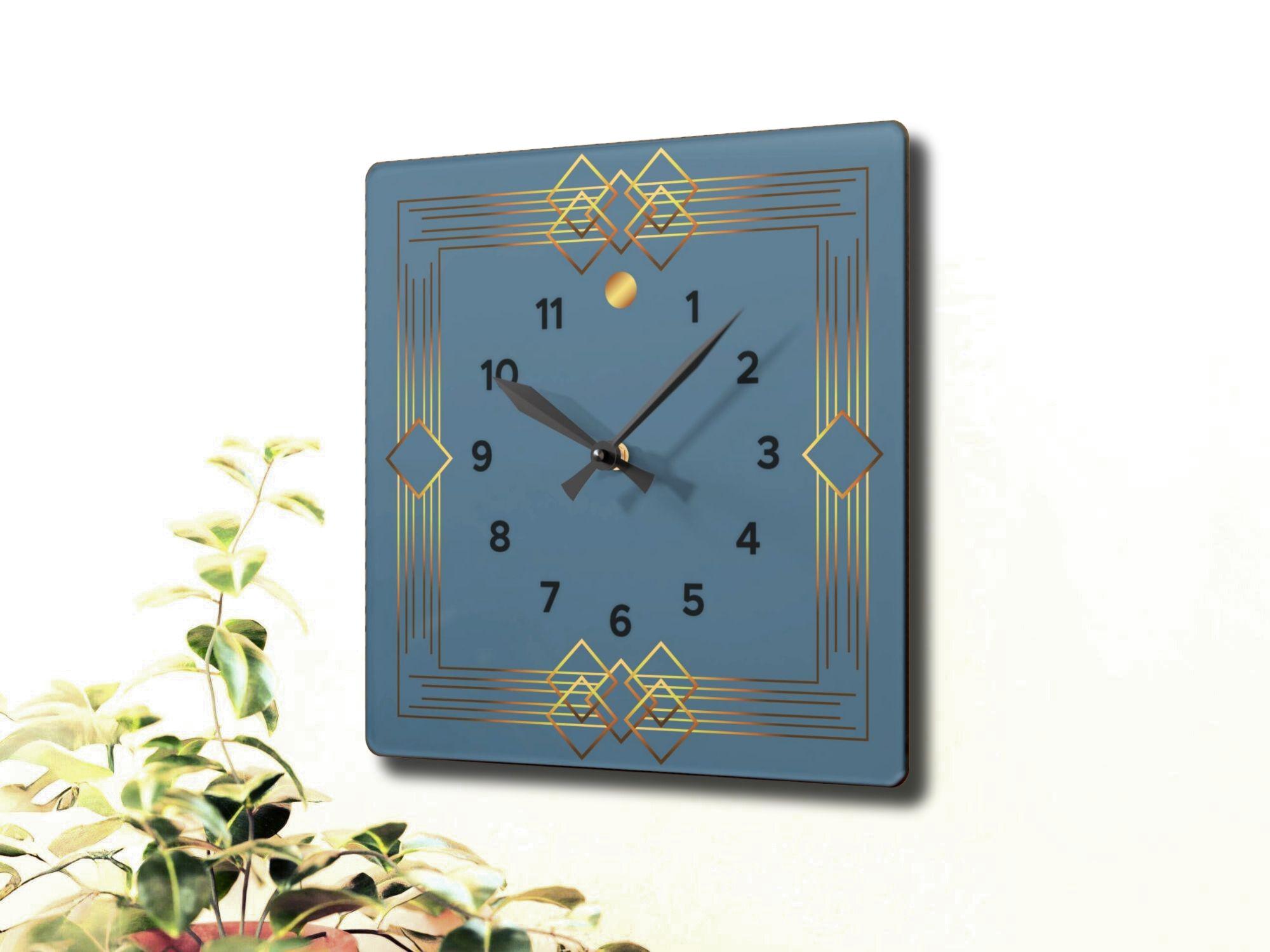 Gray-blue and gold geometric decorative square clock