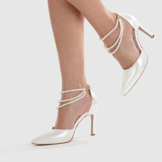 White pearl-wrapped pointed-toe stiletto sandals