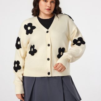 Cream-colored plush floral V-neck cardigan