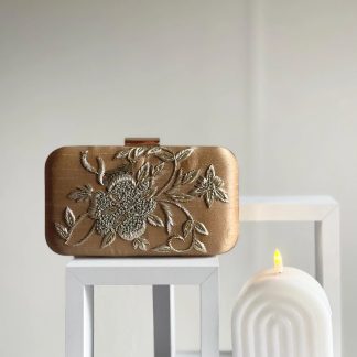 Champagne-colored embroidered floral clutch