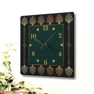 Black and gold fan-shaped decorative square clock