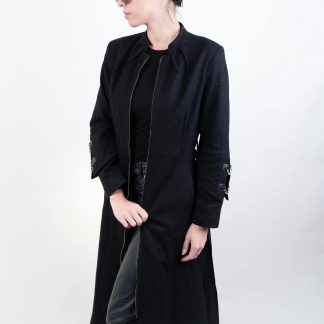 Collarless belted wrap coat
