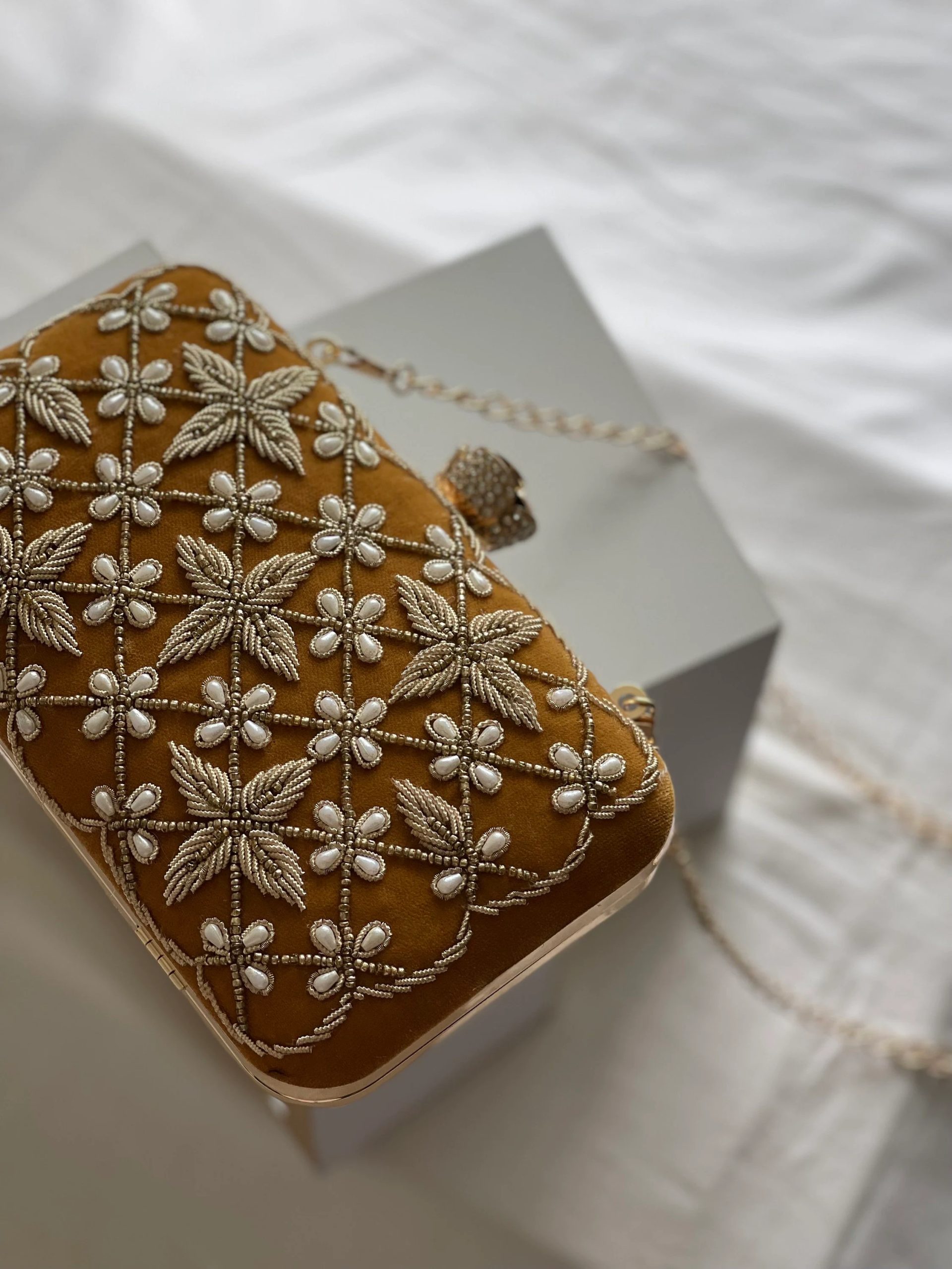 Embroidered mustard gold flower clutch - Image 6