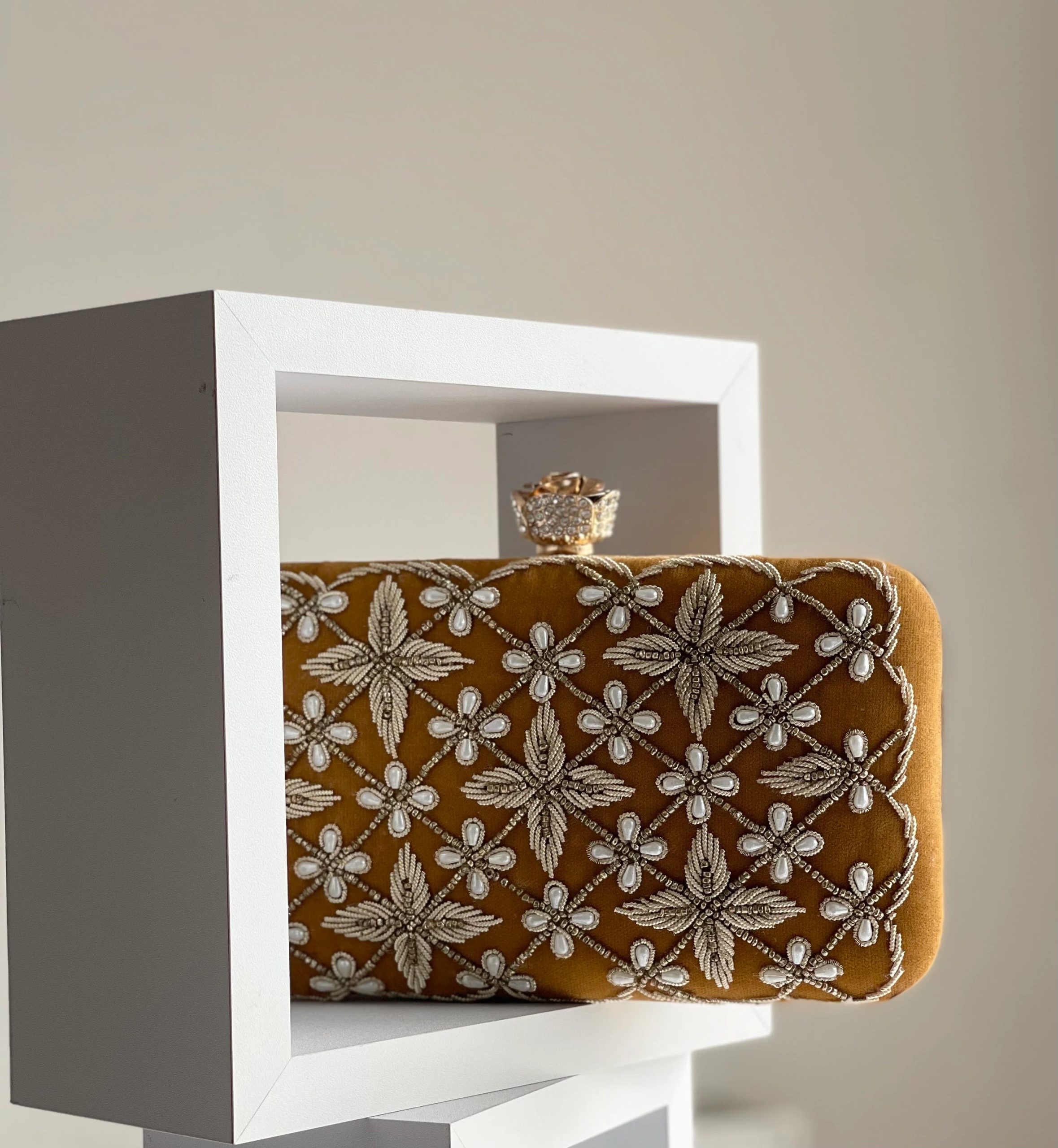 Embroidered mustard gold flower clutch - Image 4