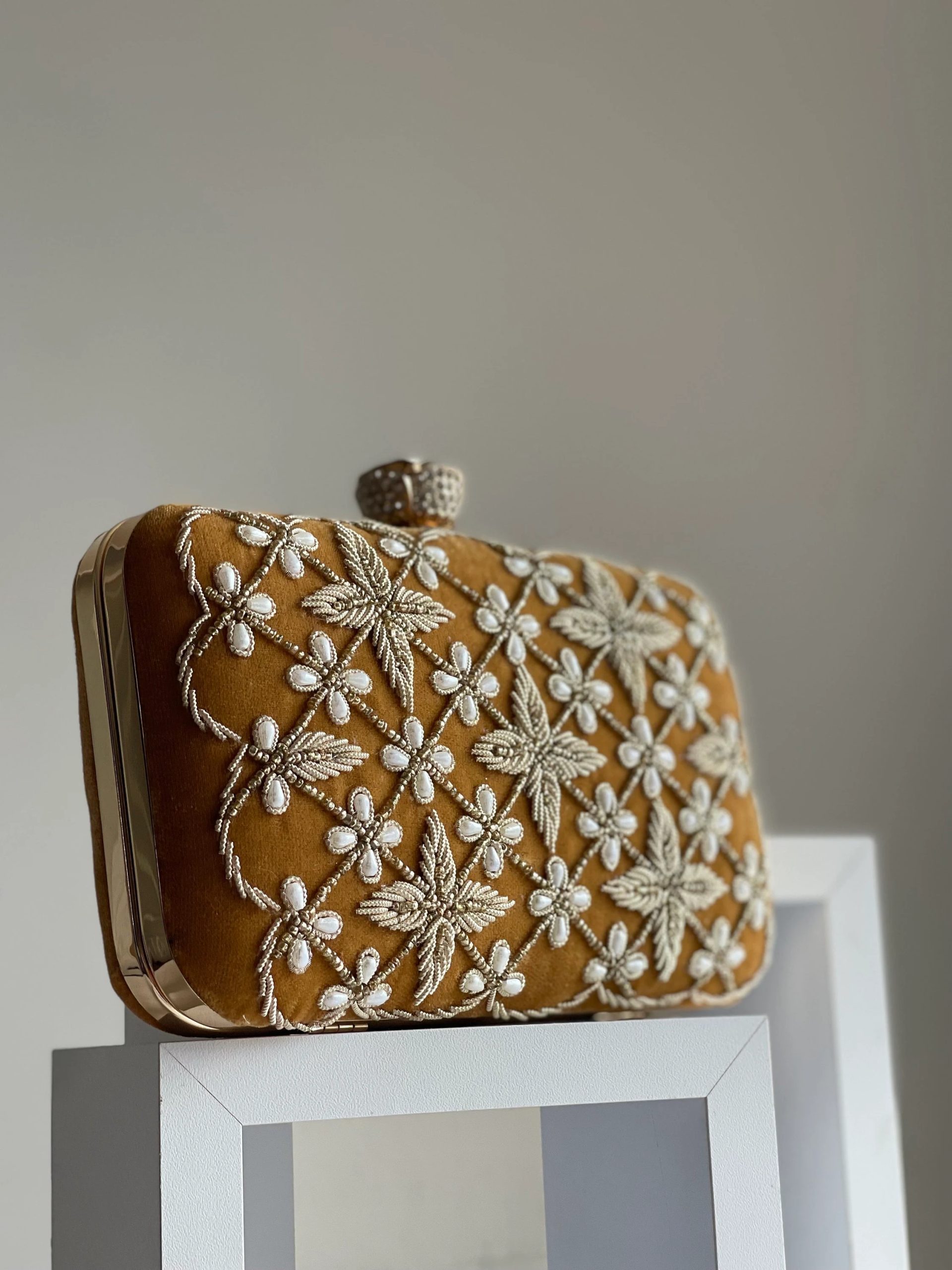 Embroidered mustard gold flower clutch - Image 3
