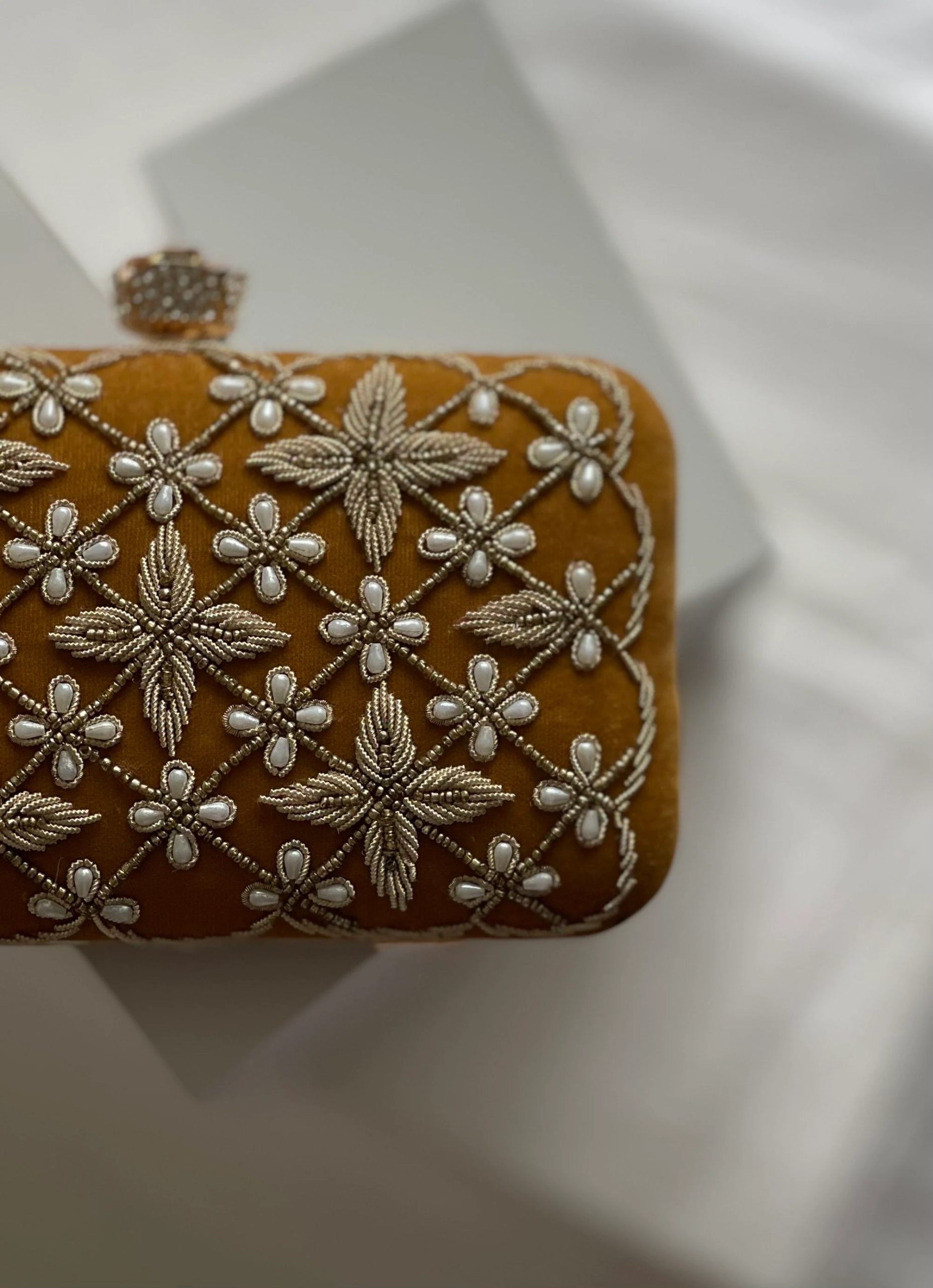 Embroidered mustard gold flower clutch - Image 2