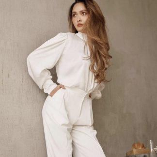 High-neck puff sleeve shirt