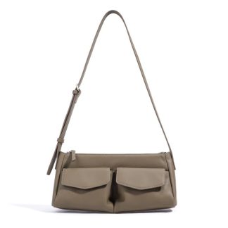 Grey-brown double-pocket baguette-shaped shoulder bag