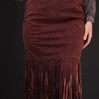 Brown Suede Fringe Pencil Skirt Western-Inspired Statement
