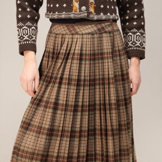Brown Tartan Pleated Midi Skirt Heritage Swing Silhouette