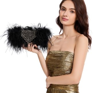 Black Feather Rhinestone Clutch with Chain