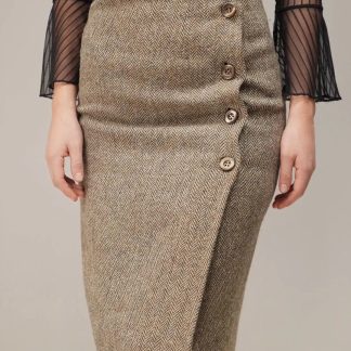 Herringbone Wrap-Front Wool Skirt Classic Tailored Midi