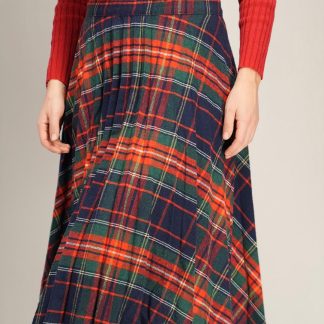 Navy Red Tartan Pleated Skirt Classic Swing Silhouette