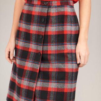 Red  Black Tartan Button-Front Skirt Classic Straight Midi