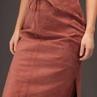 Rose Brown Suede Midi Skirt Minimal Tie-Waist Elegance