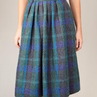 Teal Blue Tartan Pleated Midi Skirt Soft Vintage Charm