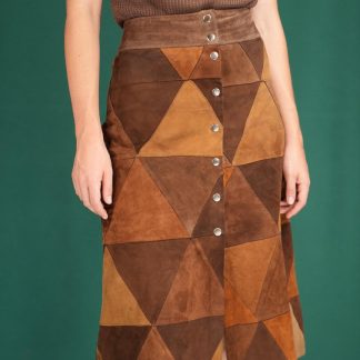 Vintage Geometric Patchwork Midi Skirt Suede-Effect A-Line